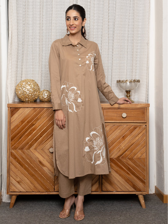 Brown Premium Cotton Collar Neck Floral Embroidery Beads Work Kurta Pant For Women's