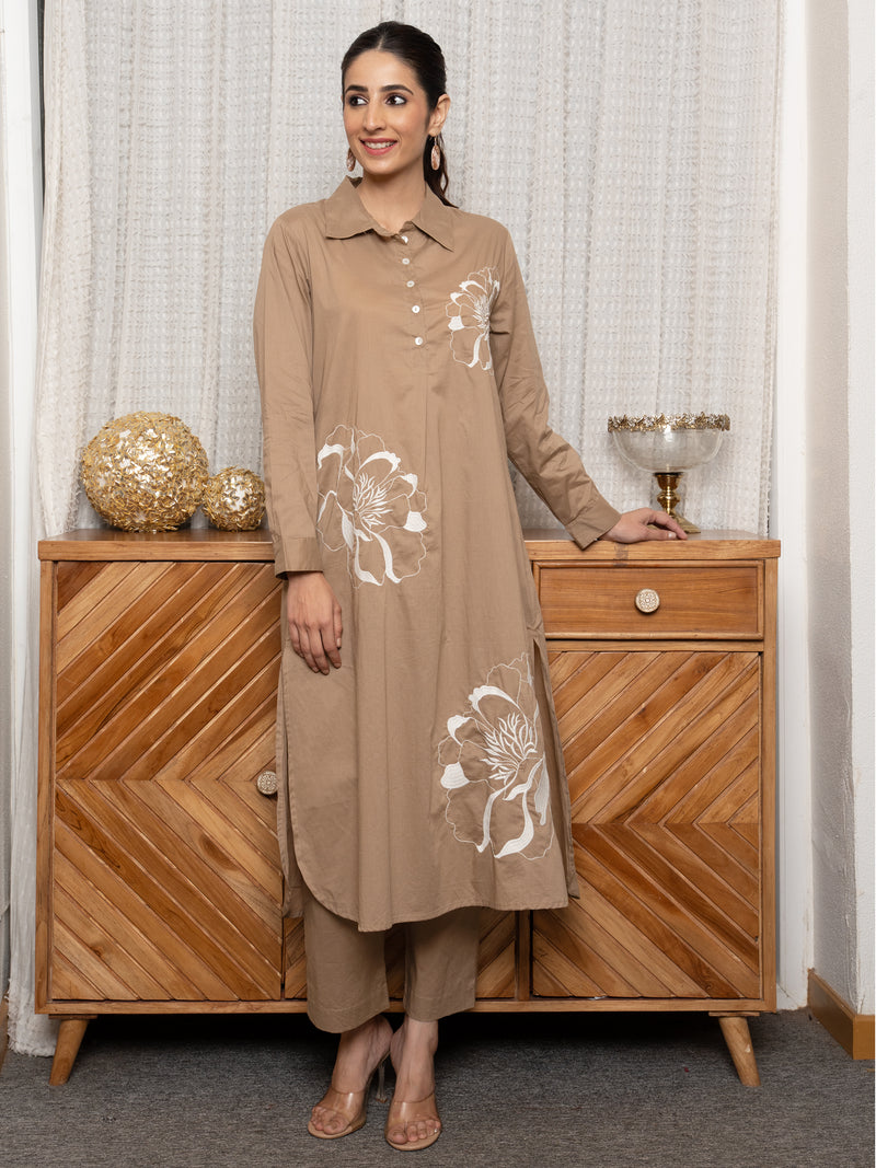 Brown Premium Cotton Collar Neck Floral Embroidery Beads Work Kurta Pant For Women's