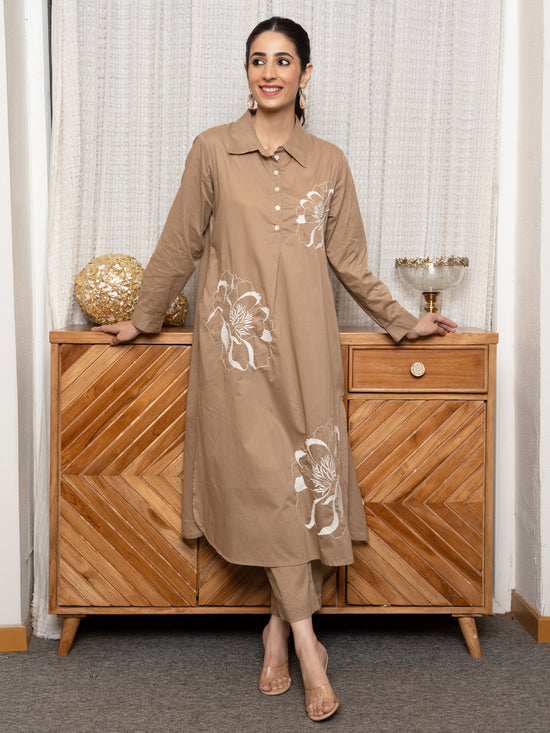 Brown Premium Cotton Collar Neck Floral Embroidery Beads Work Kurta Pant For Women's