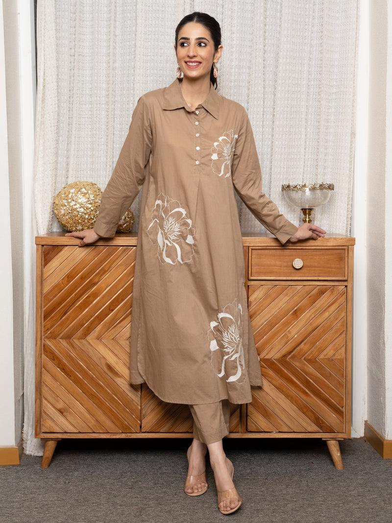 Brown Premium Cotton Collar Neck Floral Embroidery Beads Work Kurta Pant For Women's