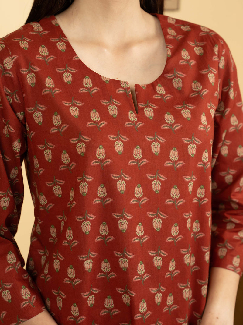 Rust Colour Cotton Round With V Neck Block Print Kurta For Women's