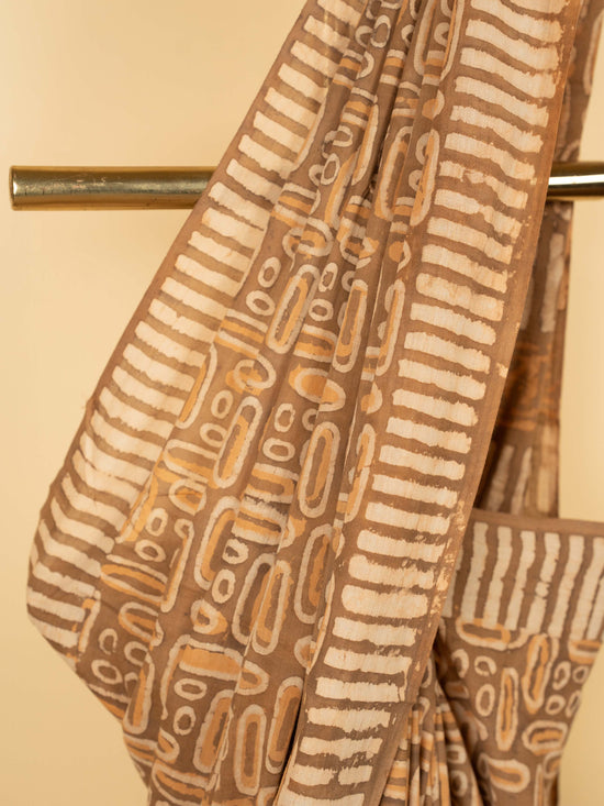 Beige Chanderi Block Printed Saree