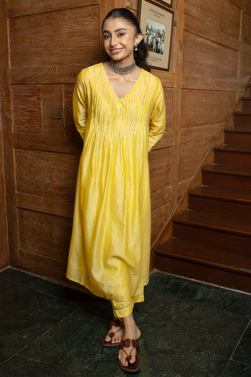 Yellow Chanderi V-Neck Complete Suit Set For Women's