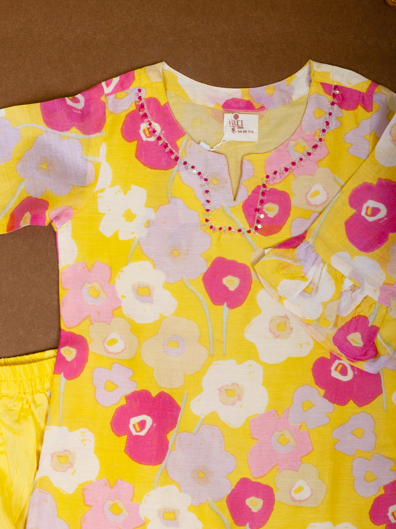 Yellow Cotton Floral Printed Kurta Dhoti Dupatta Set For Girls