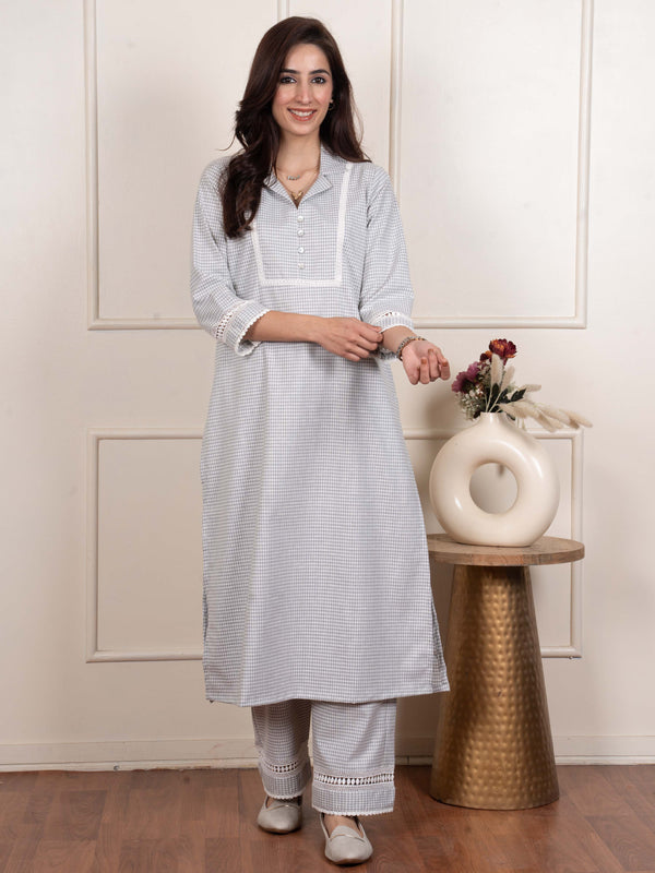 Light Blue Collar Neck Checks Woolen Kurta Pant Set