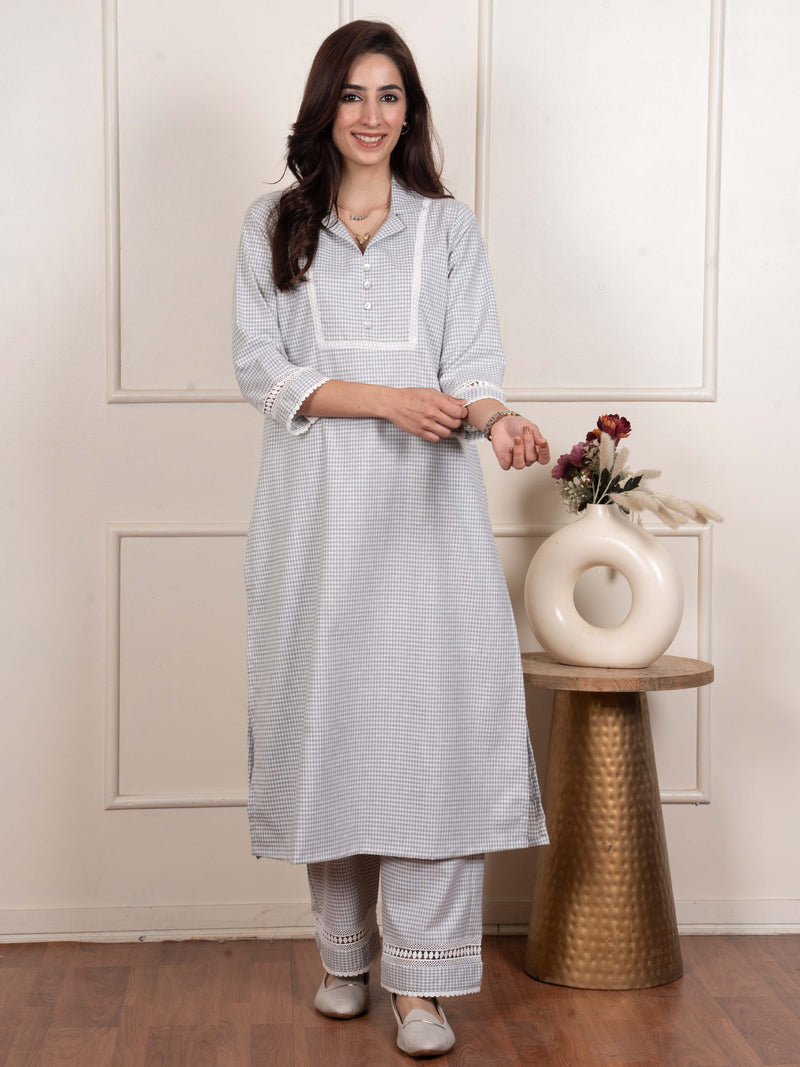 Light Blue Collar Neck Checks Woolen Kurta Pant Set