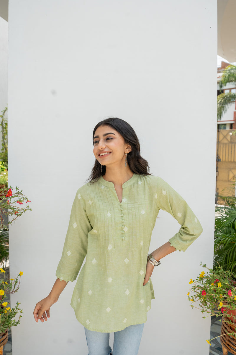 Pastel Green Hnadloom Cotton Short Kurti For Women's