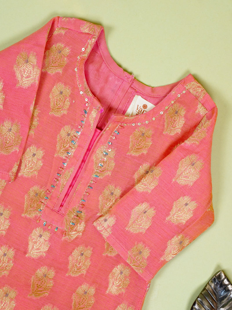 Pink Banarasi Kurta Dhoti Dupatta Set For Girls