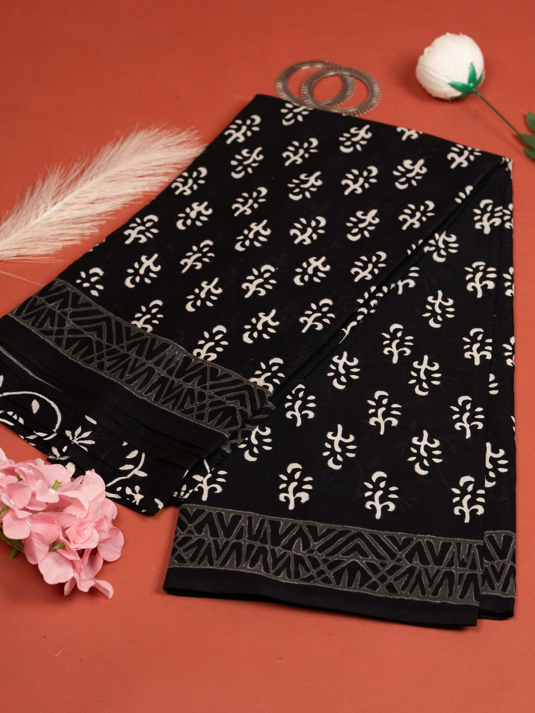 Black Color Cotton Block Printed Saree
