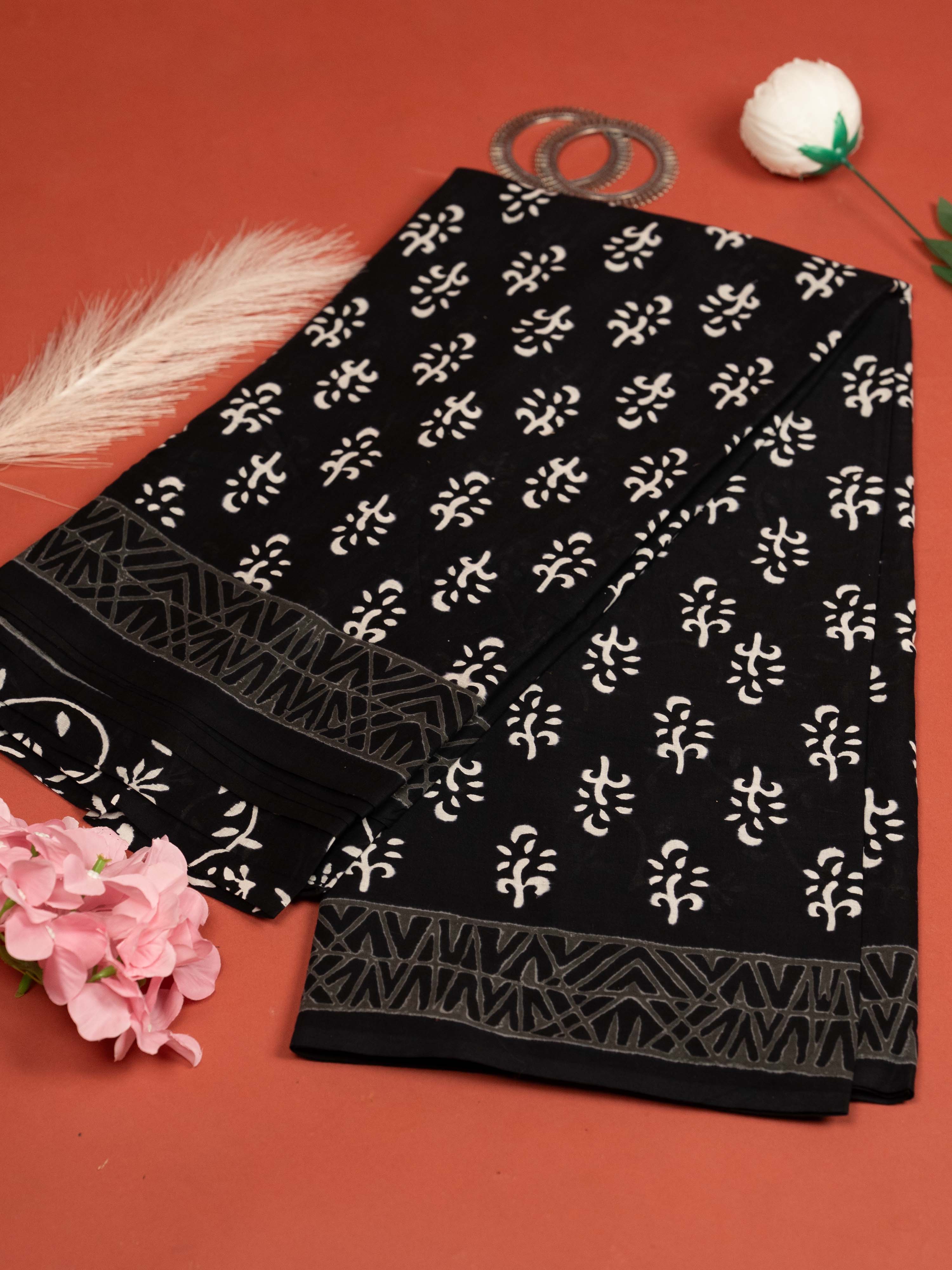 Black Color Cotton Block Printed Saree