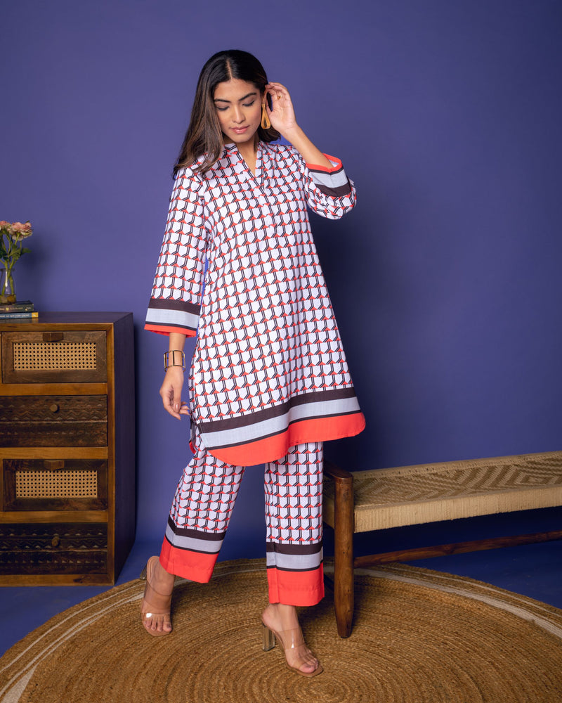 Multicolored Linen Blend Collar Abstract Print Co-Ord Set For Women's