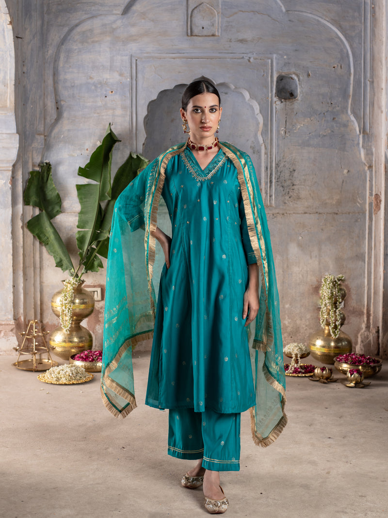 Rama Green Chanderi V-Neck Complete Suit Set For Women's