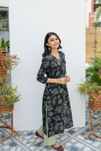 Black Cotton Floral Print Kurta For Women's
