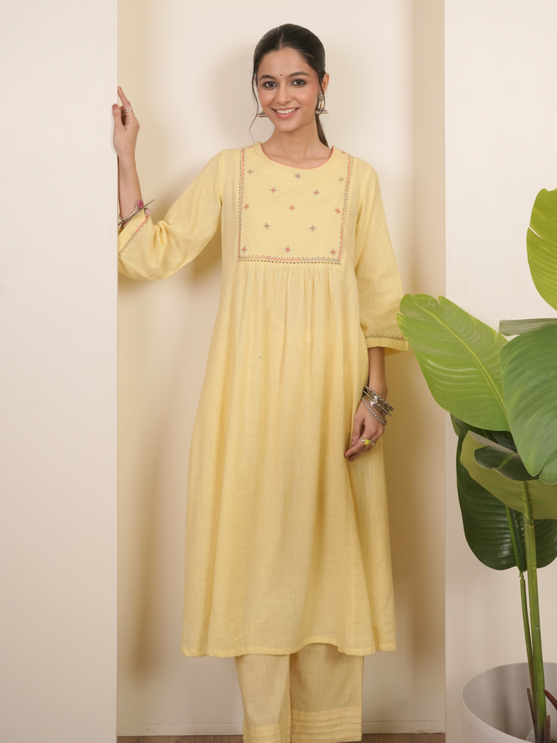 Vanilla Yellow Cotton Slub Complete Suit Set