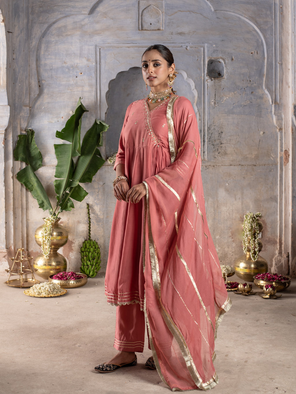 PEACH MUSLIN SILK ANGRAKHA NECK GOTA DORIYA DUPATTA FULL SET