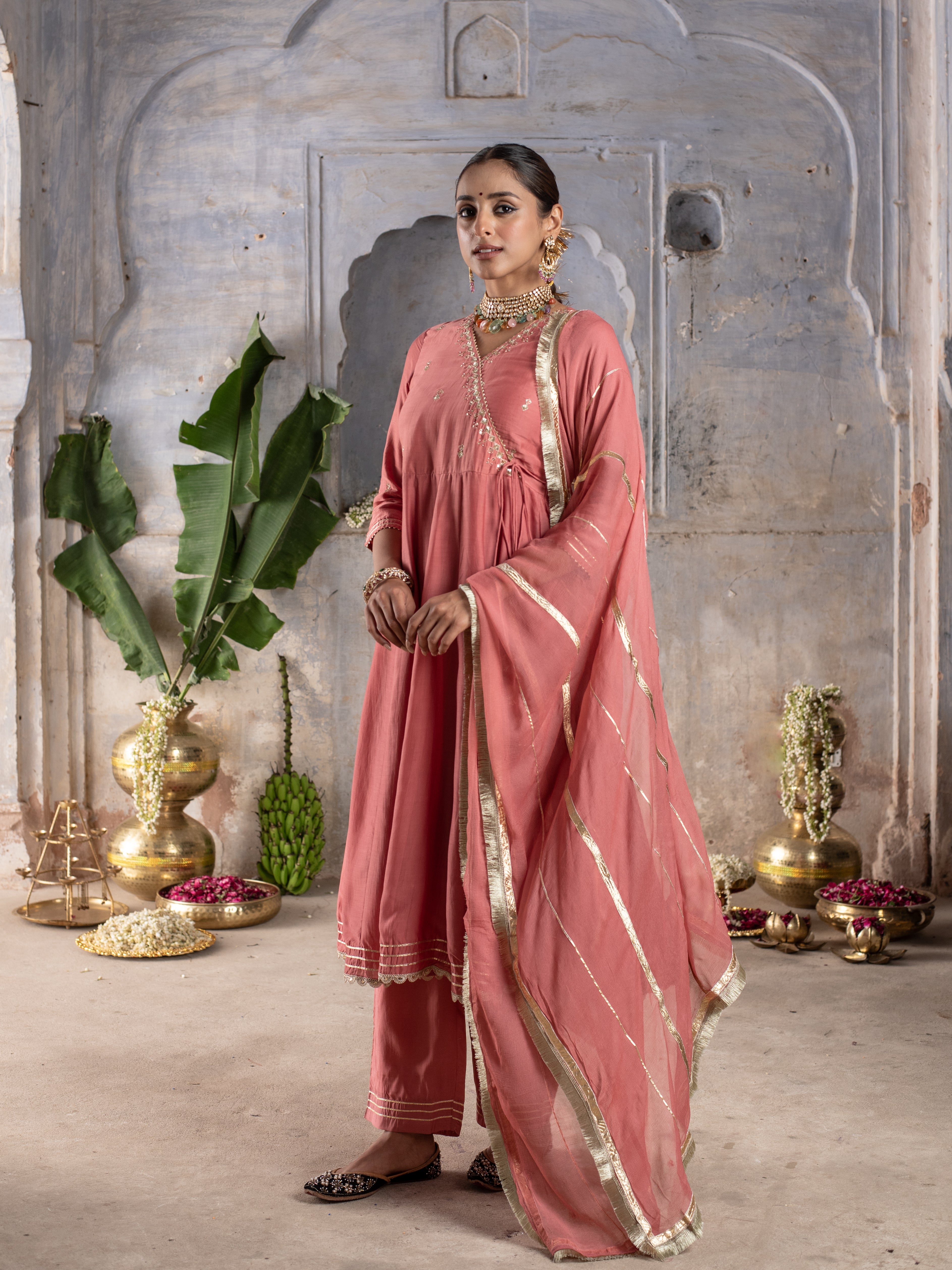 PEACH MUSLIN SILK ANGRAKHA NECK GOTA DORIYA DUPATTA FULL SET