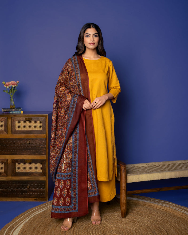 MUSTARD COTTON LINEN DUPATTA ALL OVER PRINTED FULL SET