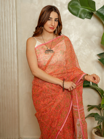 Coral Pink Kota Doria Saree