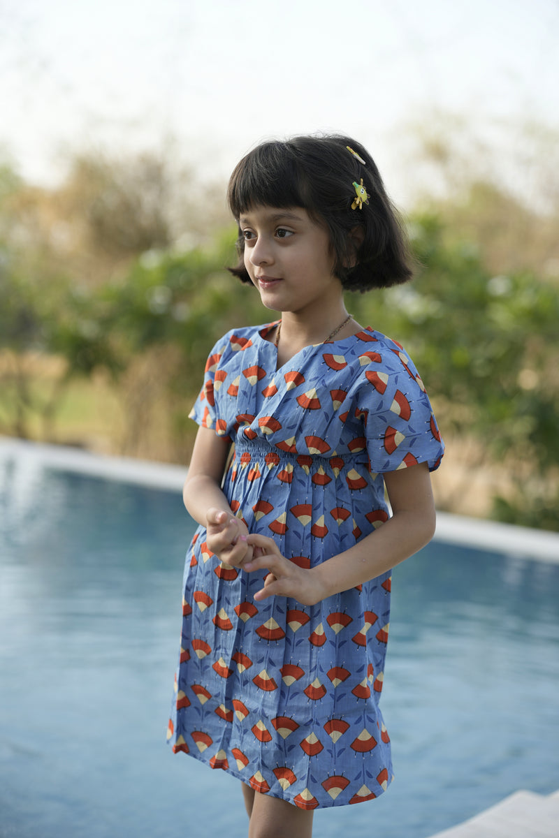 Blue Cotton Kaftan Dress For Girls