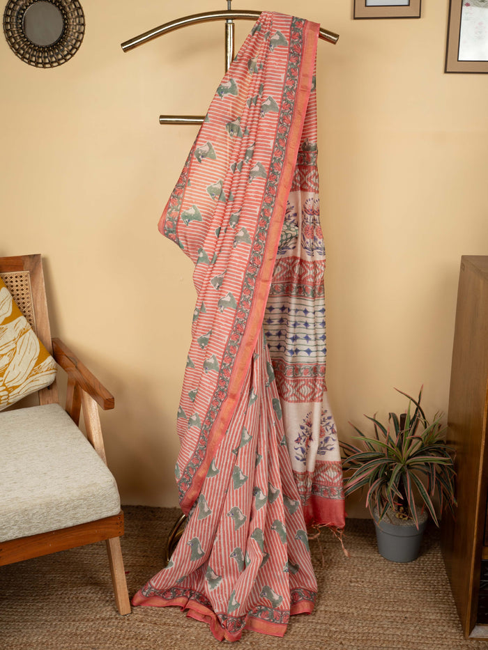 Dusty Pink Chanderi Block Printed Saree