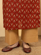 Rust Colour Cotton Round With V Neck Block Print Kurta For Women's