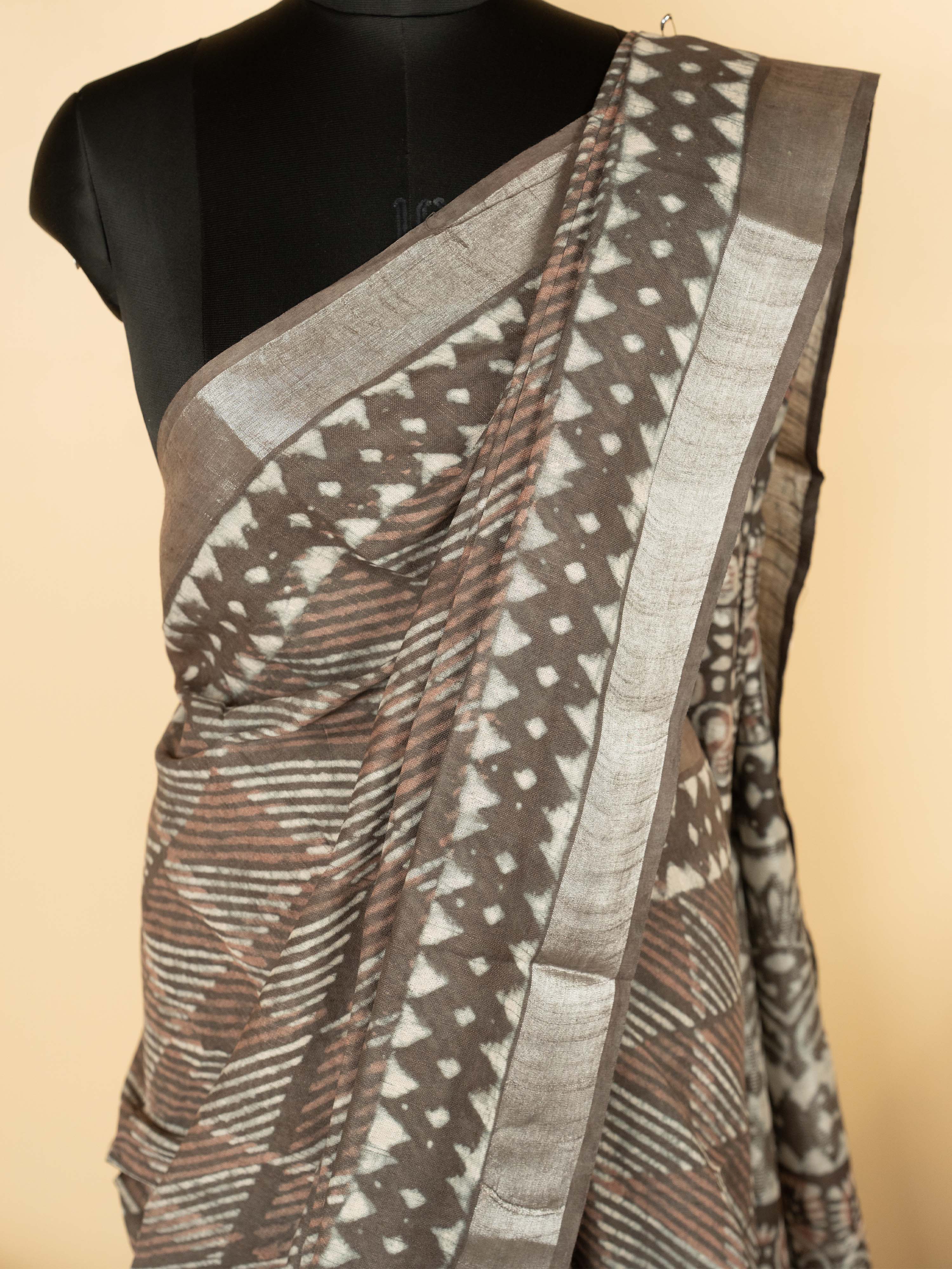 Gray Cotton Block Printed Saree