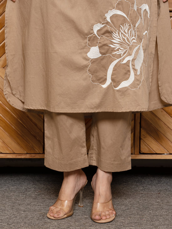 Brown Premium Cotton Collar Neck Floral Embroidery Beads Work Kurta Pant For Women's