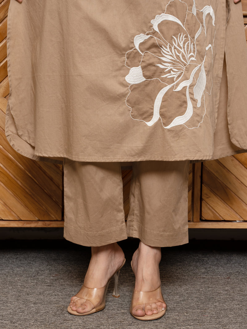 Brown Premium Cotton Collar Neck Floral Embroidery Beads Work Kurta Pant For Women's