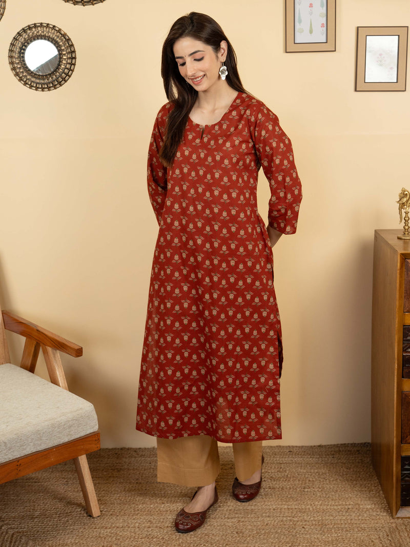 Rust Colour Cotton Round With V Neck Block Print Kurta For Women's