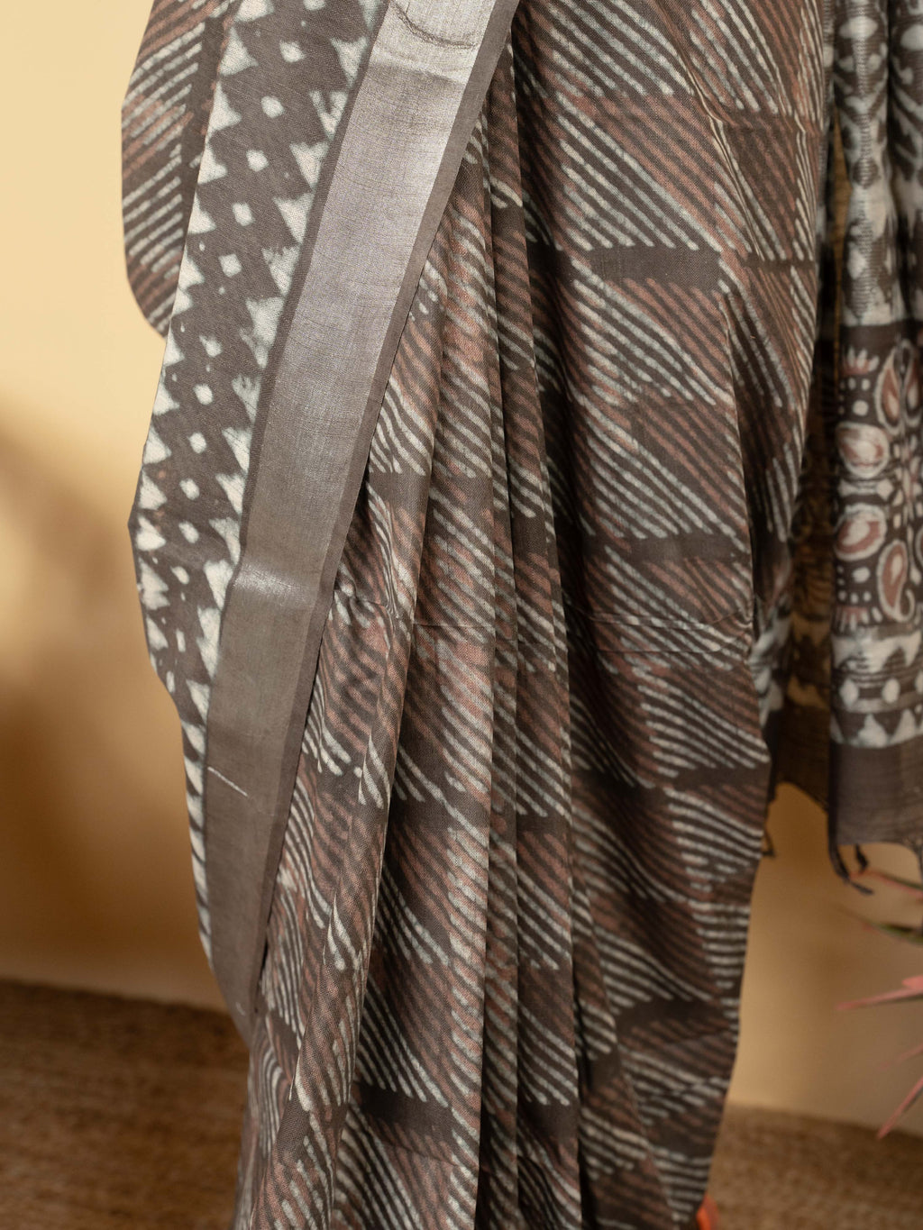 Gray Cotton Block Printed Saree
