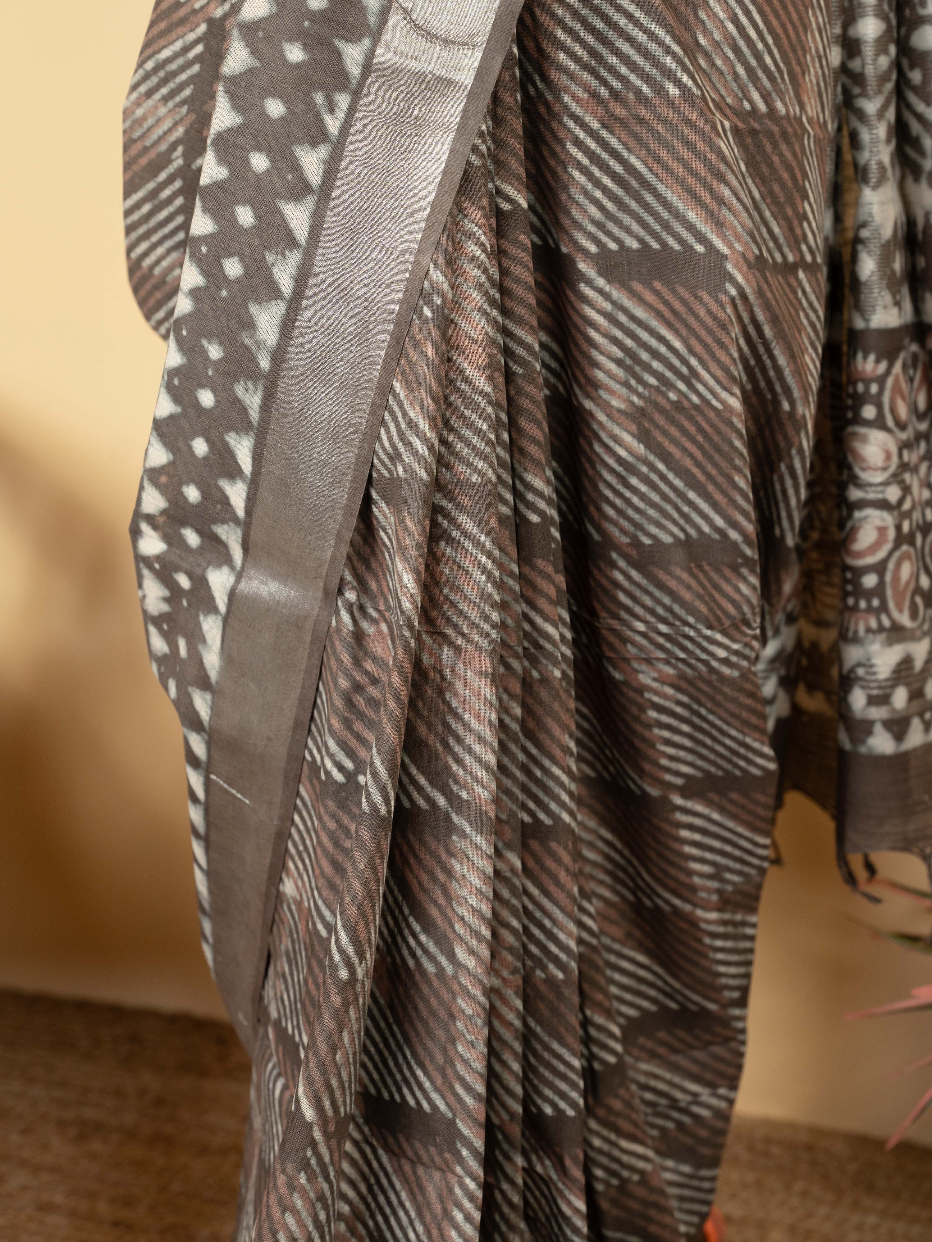 Gray Cotton Block Printed Saree