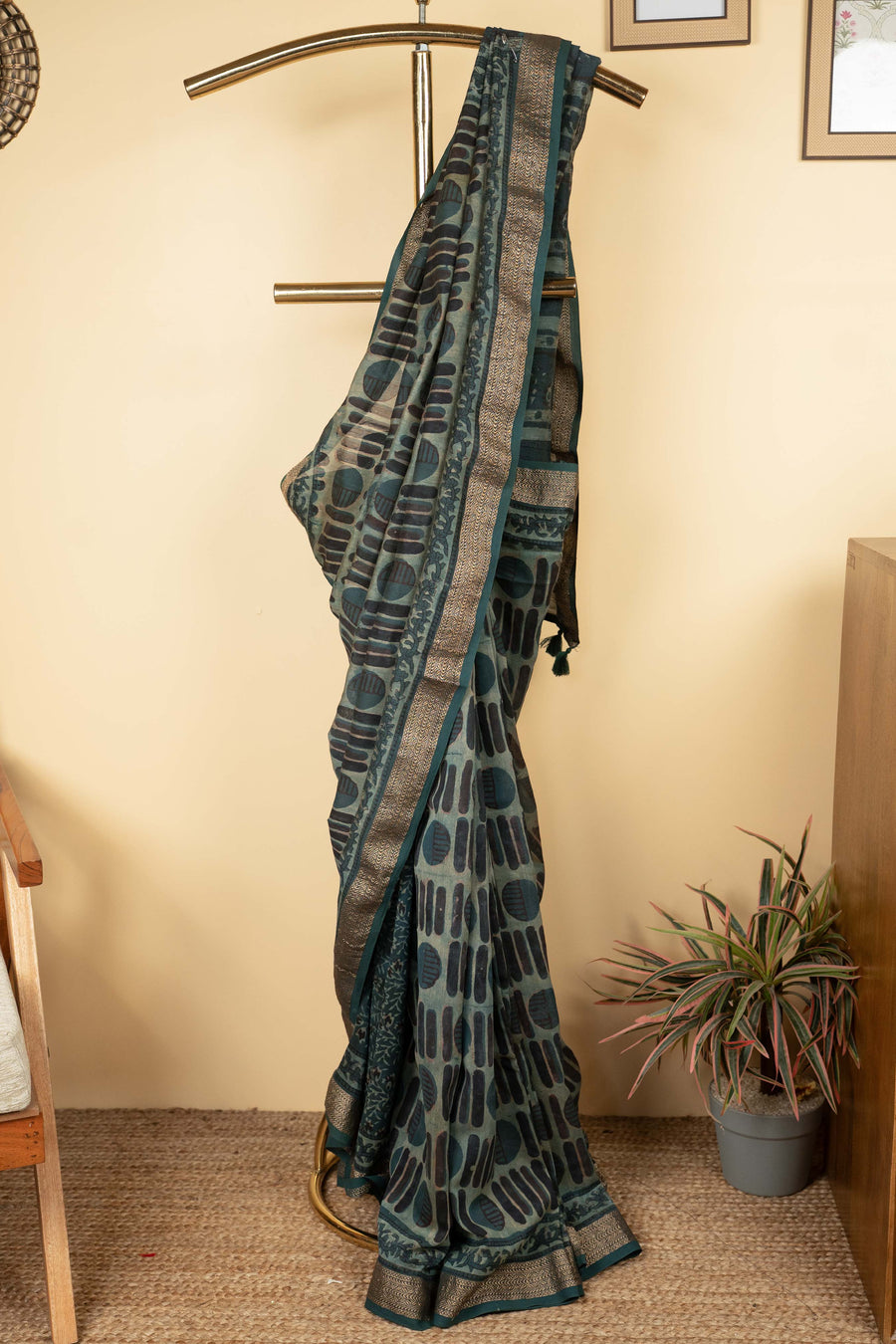 Teal Blue Chanderi Block Printed Saree