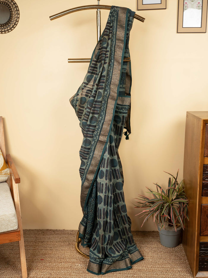 Teal Blue Chanderi Block Printed Saree