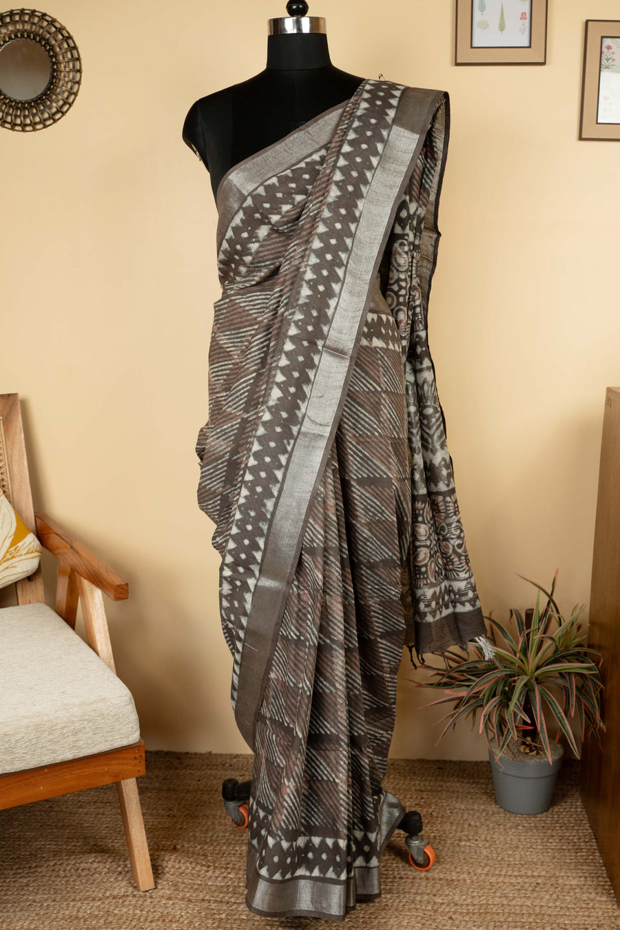 Gray Cotton Block Printed Saree