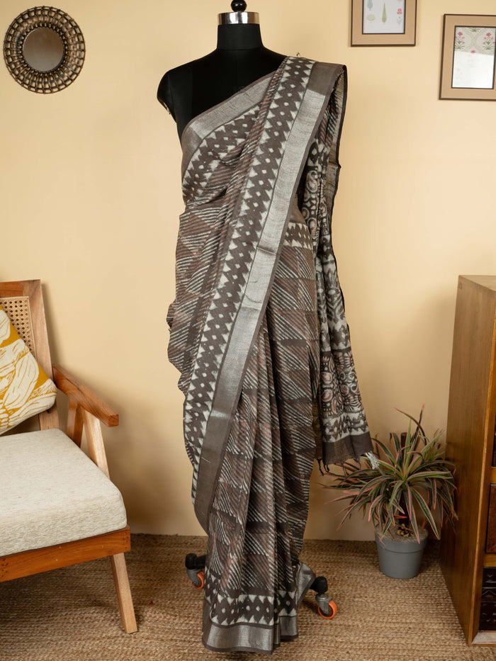 Gray Cotton Block Printed Saree