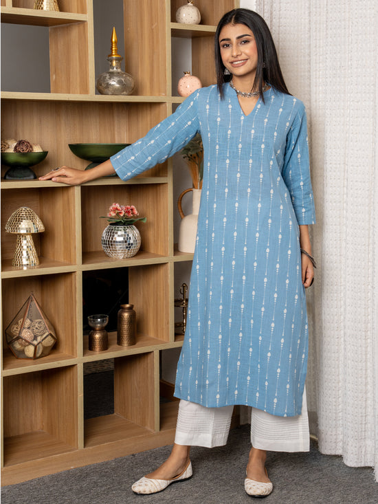 Sky Blue Cotton V-Neck Kurta For Women's