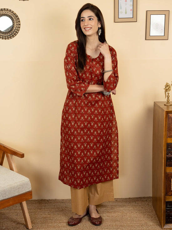 Rust Colour Cotton Round With V Neck Block Print Kurta For Women's