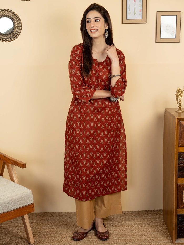 Rust Colour Cotton Round With V Neck Block Print Kurta For Women's