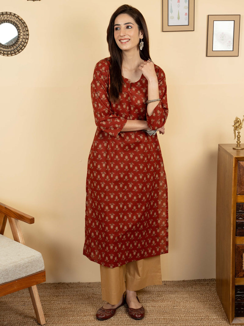 Rust Colour Cotton Round With V Neck Block Print Kurta For Women's
