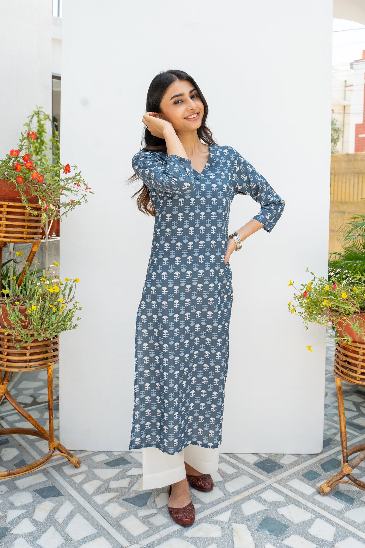 Gray Cotton Printed Kurta For Women's