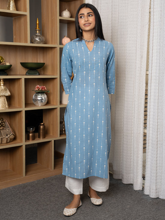 Sky Blue Cotton V-Neck Kurta For Women's