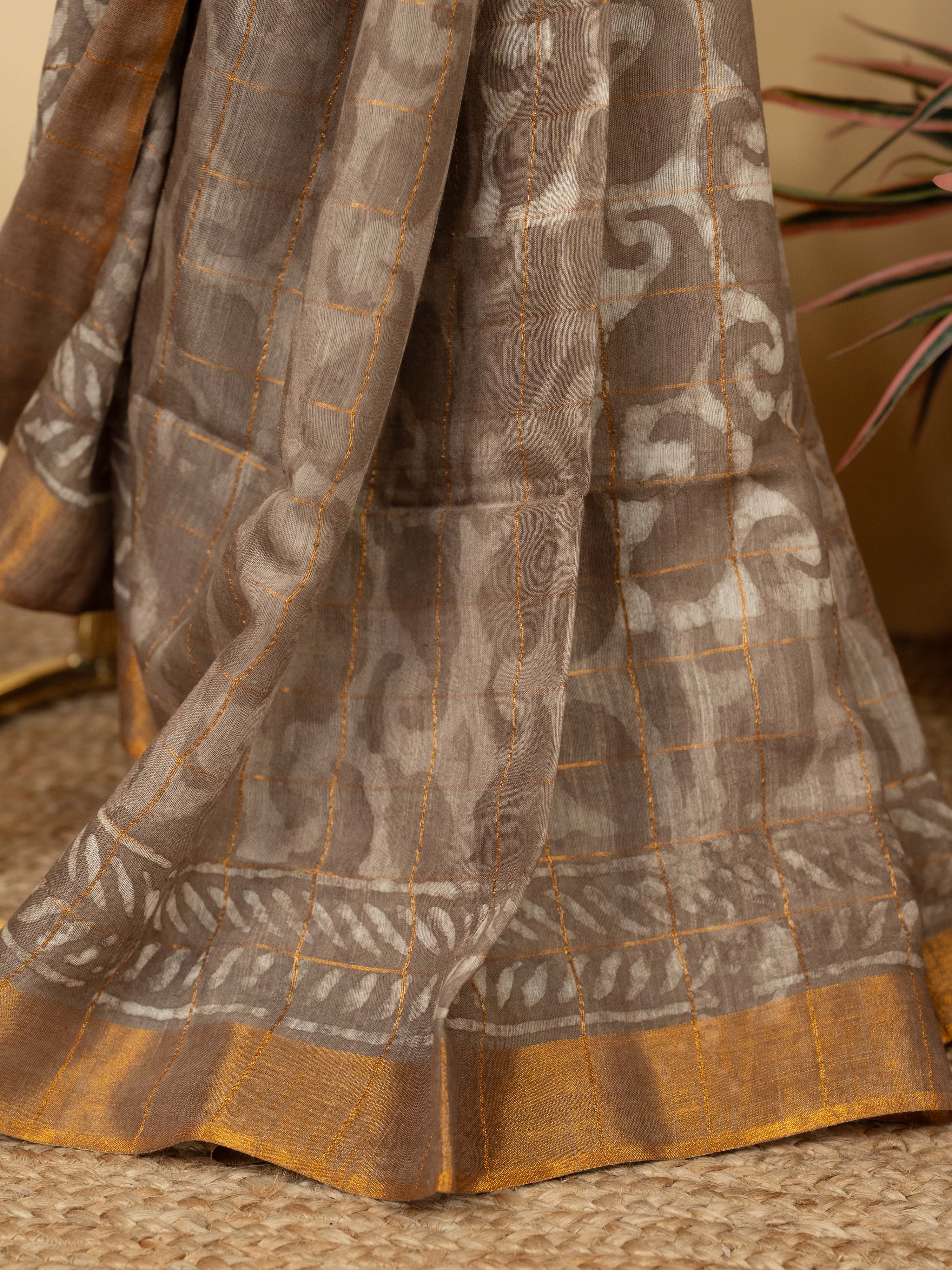 Beige Cotton Block Printed Saree