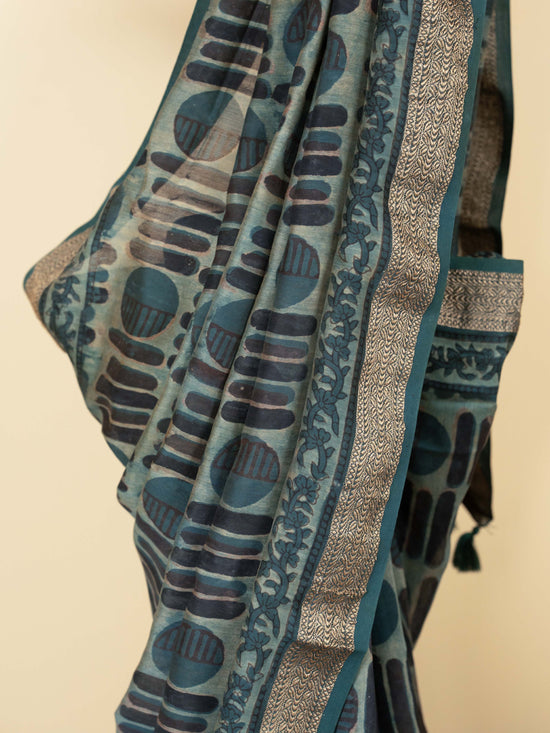 Teal Blue Chanderi Block Printed Saree