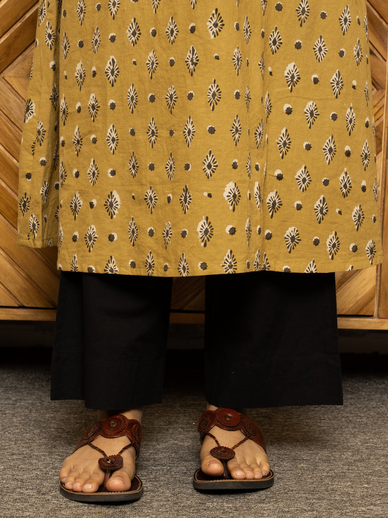 Mustard Colour Cotton Round With V-Neck Hand-Block Print, Kurta For Women's