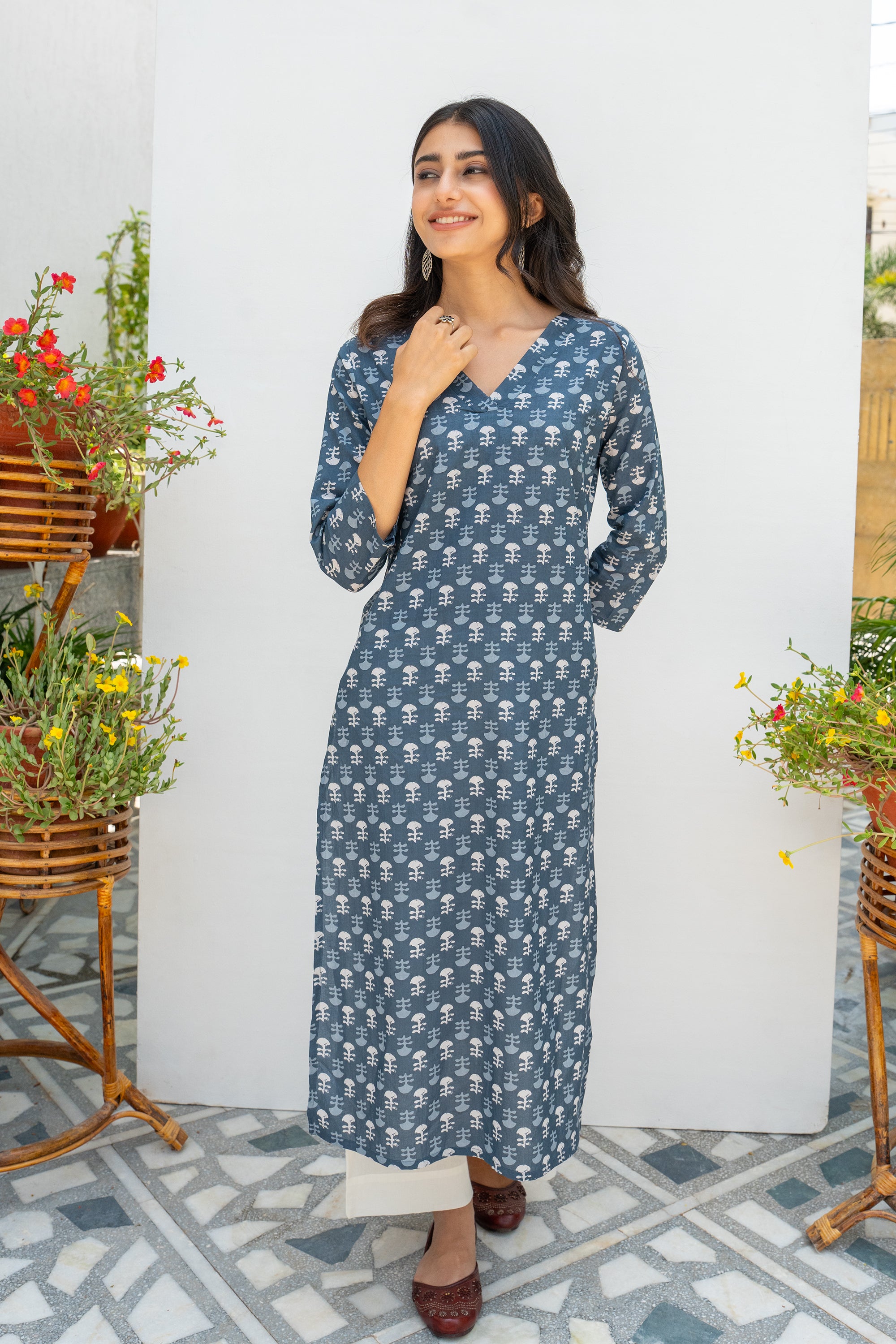 Gray Cotton Printed Kurta For Women's