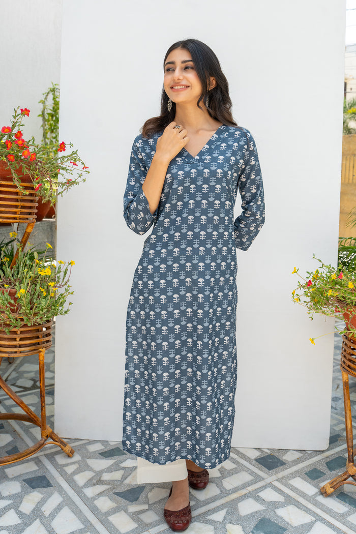 Grey Cotton Printed Kurta For Women's