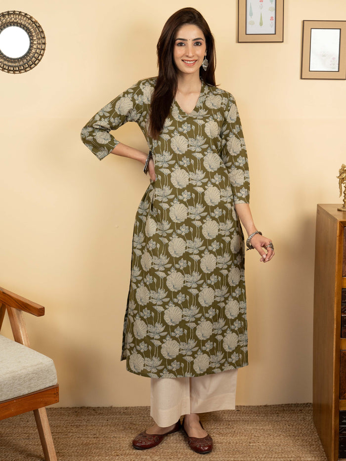 Green Colour Cotton V-Neck Floral Print Kurta For Women's