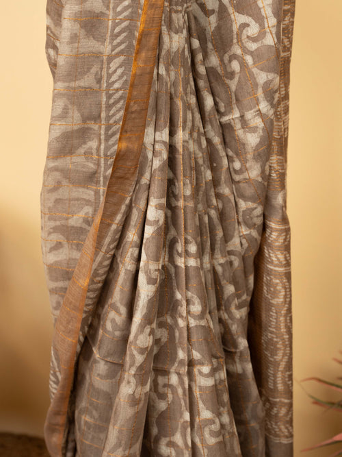 Beige Cotton Block Printed Saree