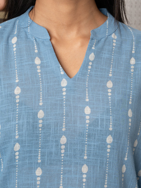 Sky Blue Cotton V-Neck Kurta For Women's