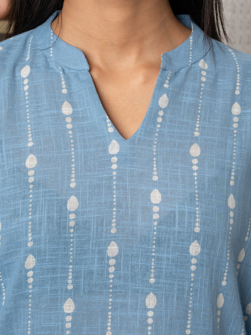 Sky Blue Cotton V-Neck Kurta For Women's